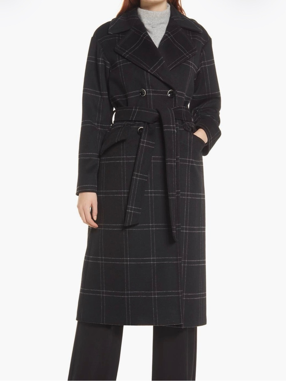 Nordstrom Double Breasted Belted Windowpane Wool Wrap Coat